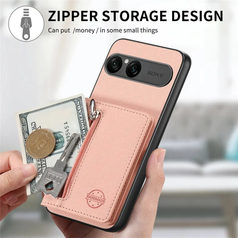 For Sony Xperia 10 VII Case Zipper Card Holder Kickstand Jeans Cloth Texture Leather Back Cover - Pink