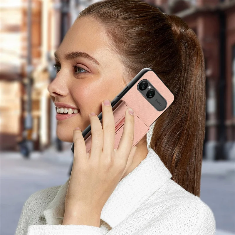 For Sony Xperia 10 VII Case Zipper Card Holder Kickstand Jeans Cloth Texture Leather Back Cover - Pink