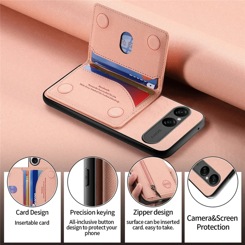 For Sony Xperia 10 VII Case Zipper Card Holder Kickstand Jeans Cloth Texture Leather Back Cover - Pink