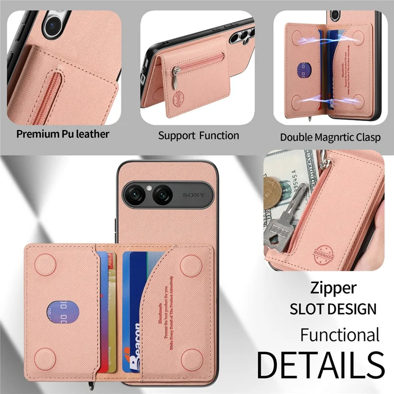 For Sony Xperia 10 VII Case Zipper Card Holder Kickstand Jeans Cloth Texture Leather Back Cover - Pink