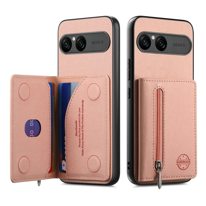 For Sony Xperia 10 VII Case Zipper Card Holder Kickstand Jeans Cloth Texture Leather Back Cover - Pink