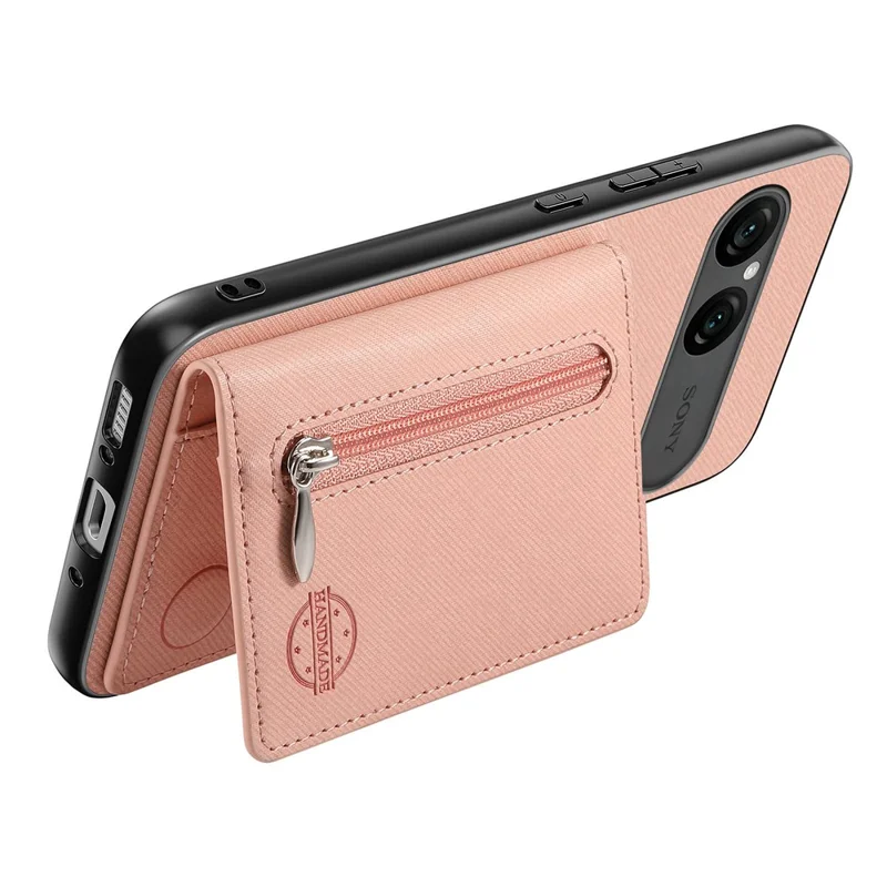 For Sony Xperia 10 VII Case Zipper Card Holder Kickstand Jeans Cloth Texture Leather Back Cover - Pink
