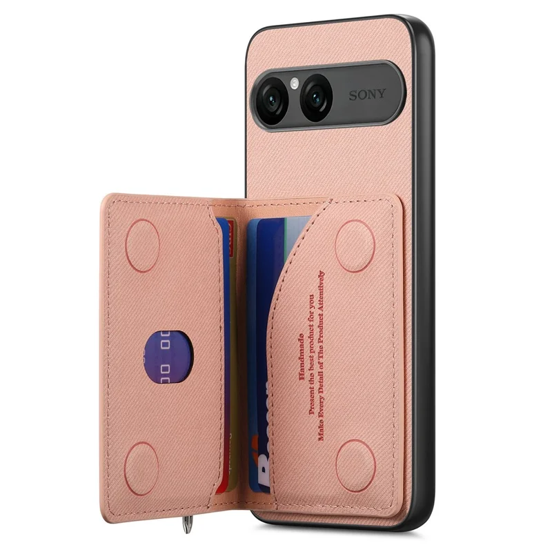 For Sony Xperia 10 VII Case Zipper Card Holder Kickstand Jeans Cloth Texture Leather Back Cover - Pink