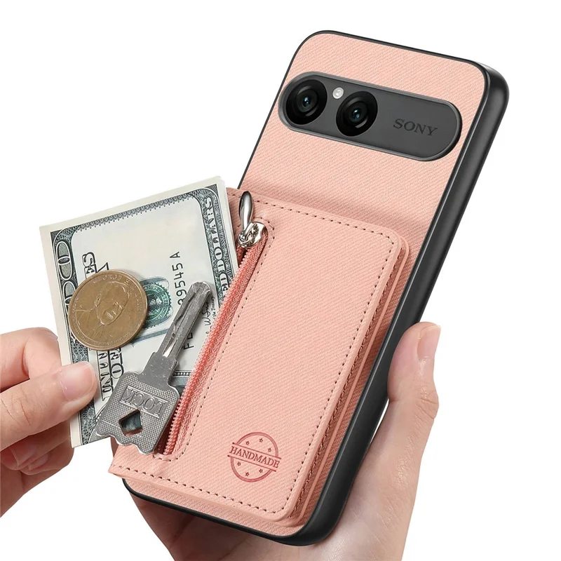 For Sony Xperia 10 VII Case Zipper Card Holder Kickstand Jeans Cloth Texture Leather Back Cover - Pink