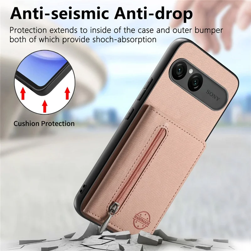 For Sony Xperia 10 VII Case Zipper Card Holder Kickstand Jeans Cloth Texture Leather Back Cover - Pink