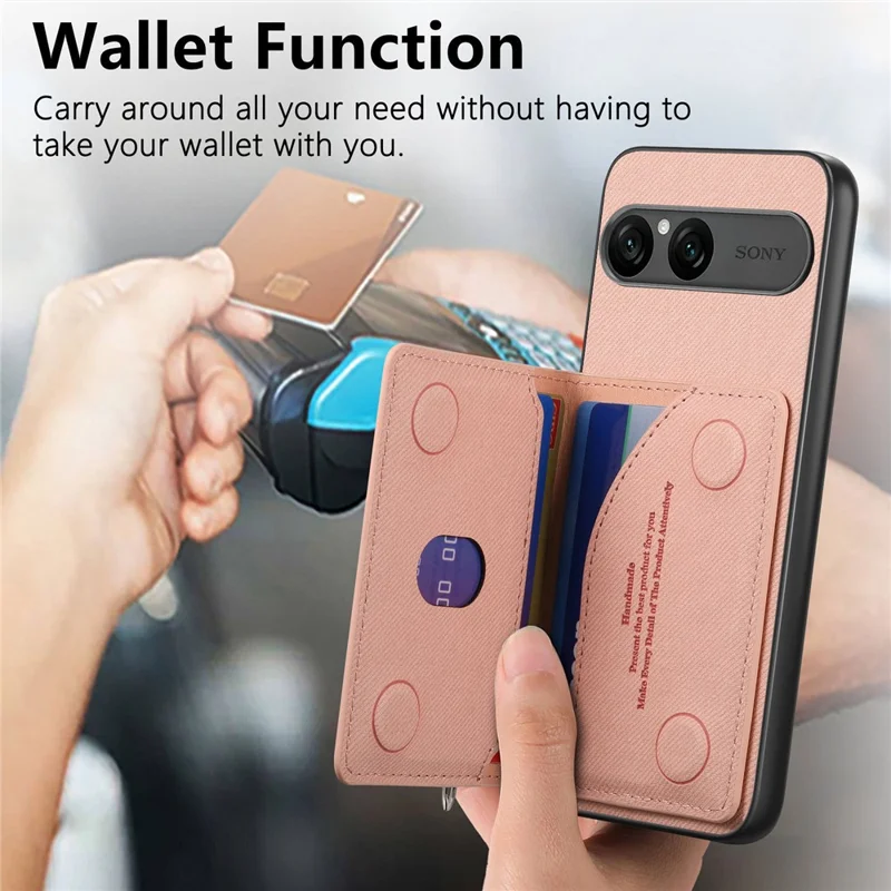 For Sony Xperia 10 VII Case Zipper Card Holder Kickstand Jeans Cloth Texture Leather Back Cover - Pink