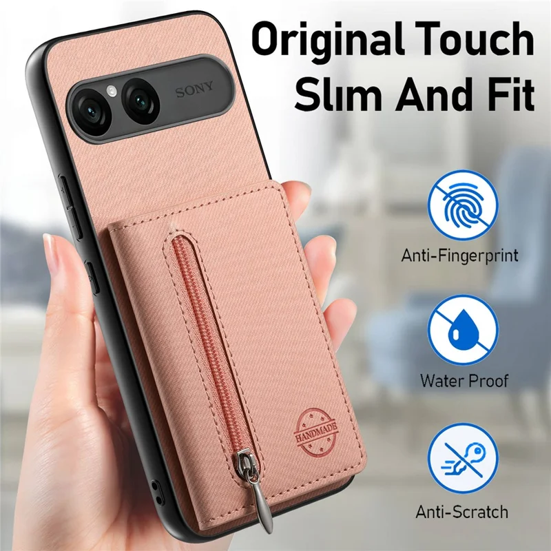 For Sony Xperia 10 VII Case Zipper Card Holder Kickstand Jeans Cloth Texture Leather Back Cover - Pink