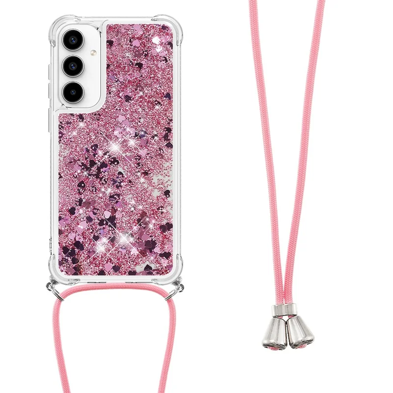 For Samsung Galaxy A37 5G TPU Case Quicksand Phone Cover with Lanyard - Rose Gold  /  Hearts