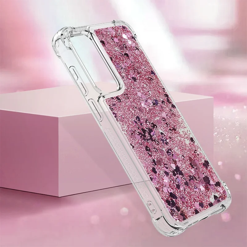 Für Samsung Galaxy A37 5G TPU Hülle Glitzer-Quicksand Stoßfeste Handy-Rückseite – Roségold / Herzen