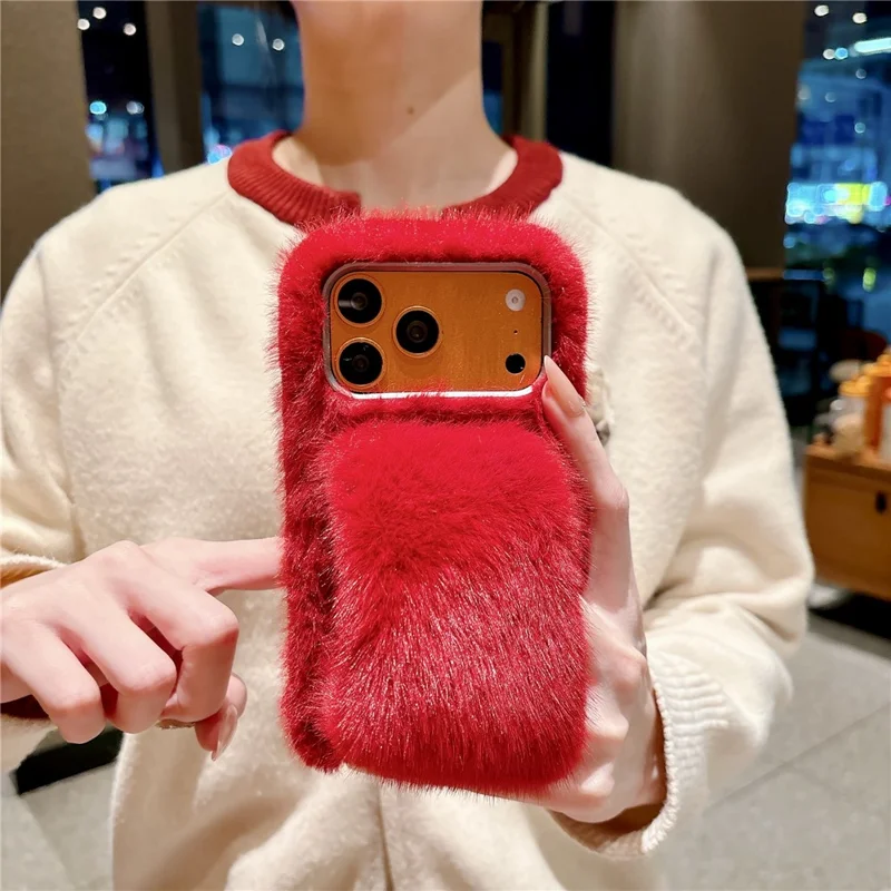 For iPhone 17 Pro Fluffy Phone Case Winter Warm TPU Cover with Hand Strap - Red