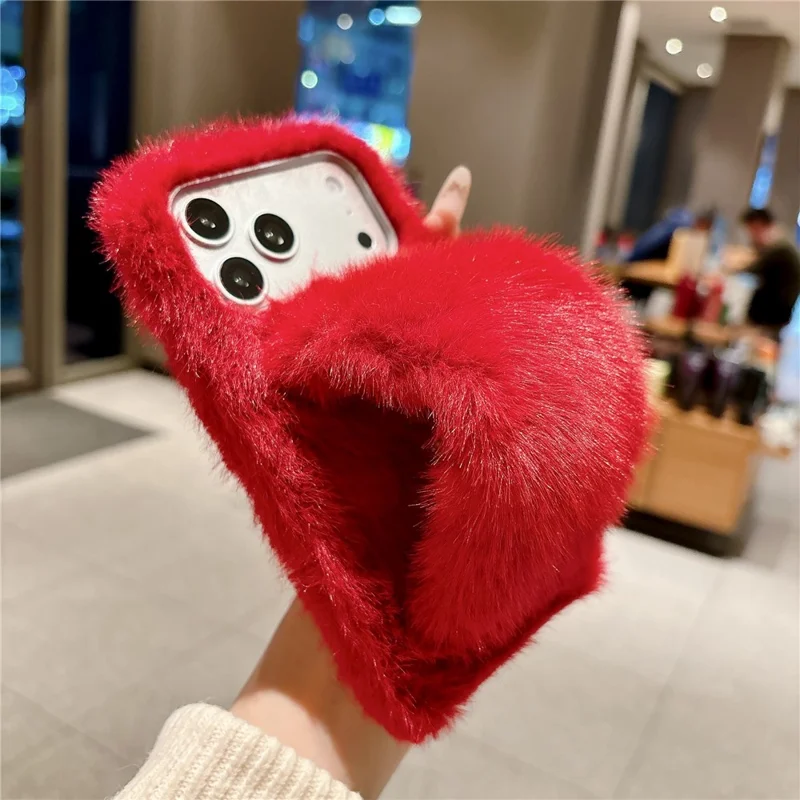 For iPhone 17 Pro Fluffy Phone Case Winter Warm TPU Cover with Hand Strap - Red