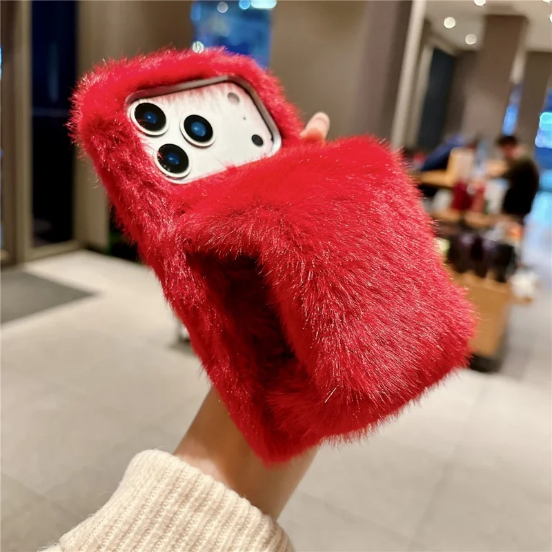 For iPhone 17 Pro Fluffy Phone Case Winter Warm TPU Cover with Hand Strap - Red