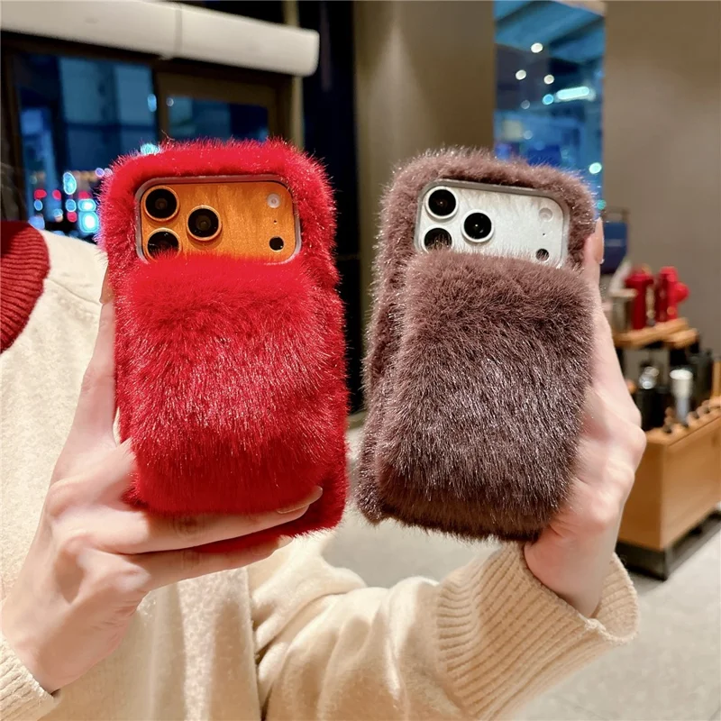 For iPhone 17 Pro Fluffy Phone Case Winter Warm TPU Cover with Hand Strap - Red