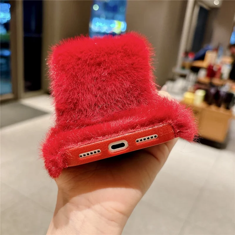 For iPhone 17 Pro Max Fluffy Phone Case Winter Warm TPU Cover with Hand Strap - Red