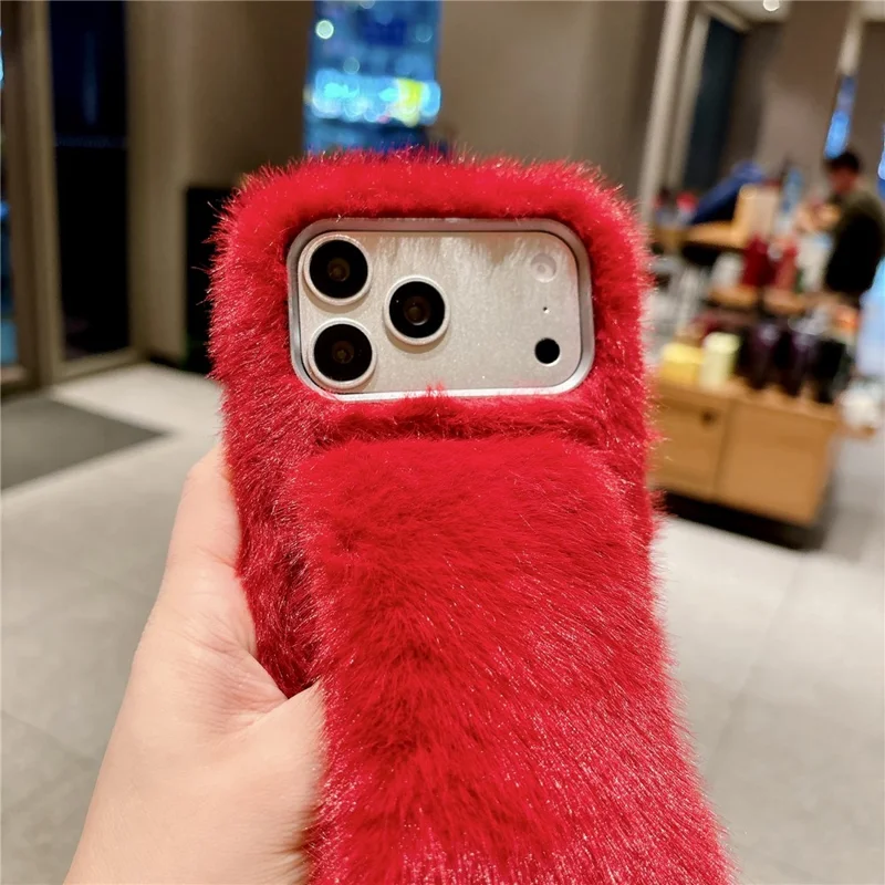 For iPhone 17 Pro Max Fluffy Phone Case Winter Warm TPU Cover with Hand Strap - Red