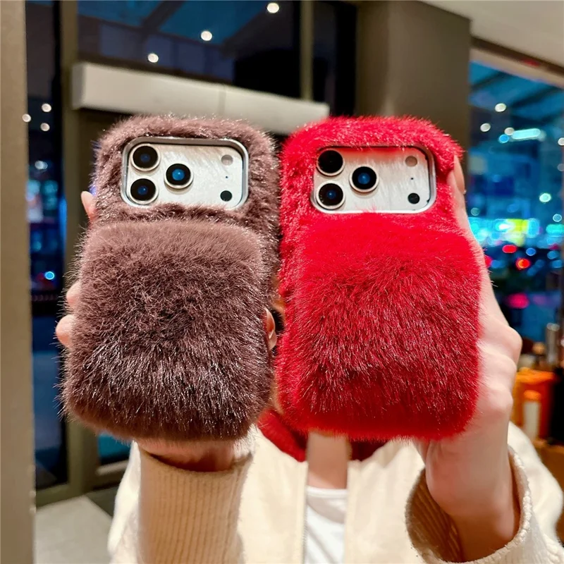 For iPhone 17 Pro Max Fluffy Phone Case Winter Warm TPU Cover with Hand Strap - Red