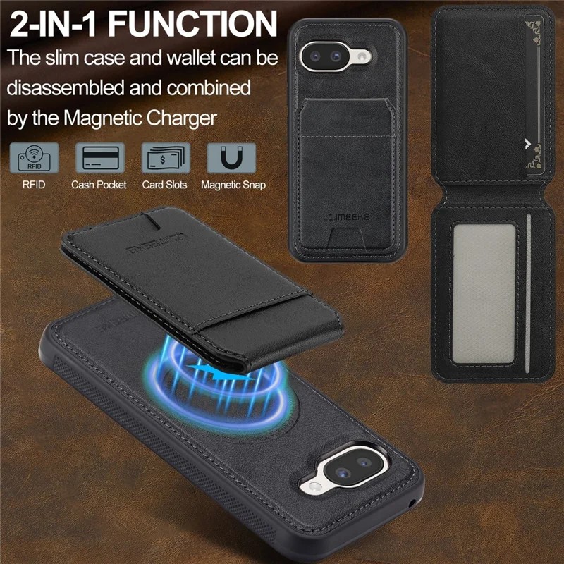 LC.IMEEKE L3 voor Google Pixel 10a Magnetische Hoesje Afneembare Kaarthouder Leren TPU Mobiele Cover - Zwart