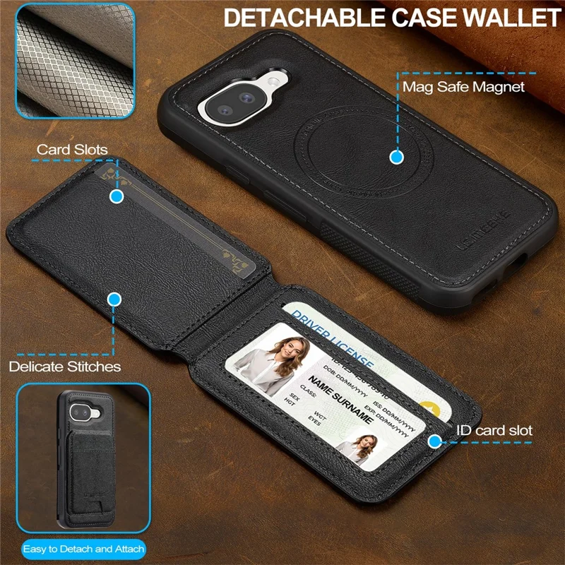 LC.IMEEKE L3 voor Google Pixel 10a Magnetische Hoesje Afneembare Kaarthouder Leren TPU Mobiele Cover - Zwart