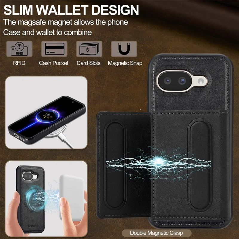 LC.IMEEKE L5 voor Google Pixel 10a Magnetische telefoonhoes Leren achterkant met afneembare kaarthouder - Zwart