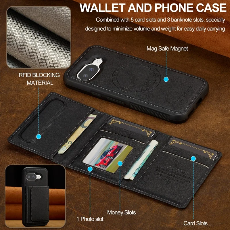 LC.IMEEKE L5 voor Google Pixel 10a Magnetische telefoonhoes Leren achterkant met afneembare kaarthouder - Zwart