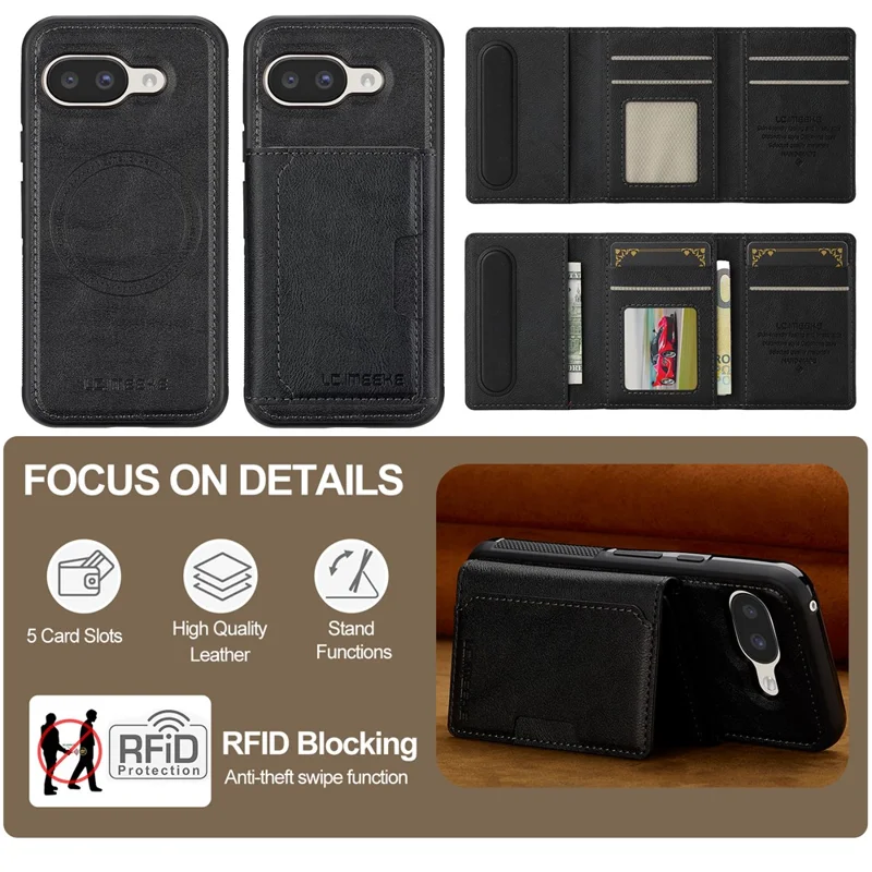 LC.IMEEKE L5 voor Google Pixel 10a Magnetische telefoonhoes Leren achterkant met afneembare kaarthouder - Zwart