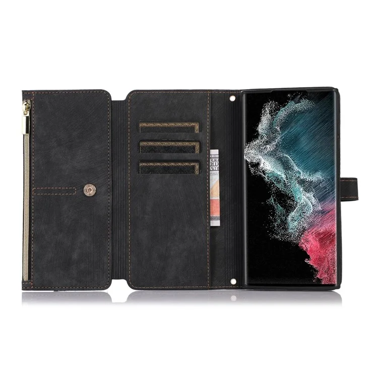 Pour Samsung Galaxy S23 Ultra Étui à rabat magnétique avec fermeture éclair Poche pour téléphone Emplacements pour plusieurs cartes Cuir PU Support - Noir