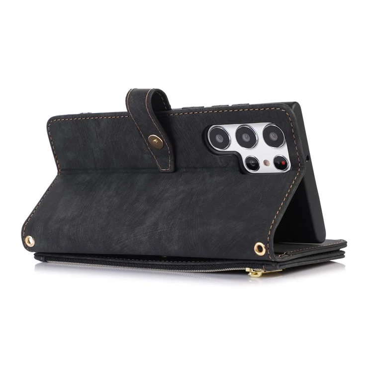 Pour Samsung Galaxy S23 Ultra Étui à rabat magnétique avec fermeture éclair Poche pour téléphone Emplacements pour plusieurs cartes Cuir PU Support - Noir