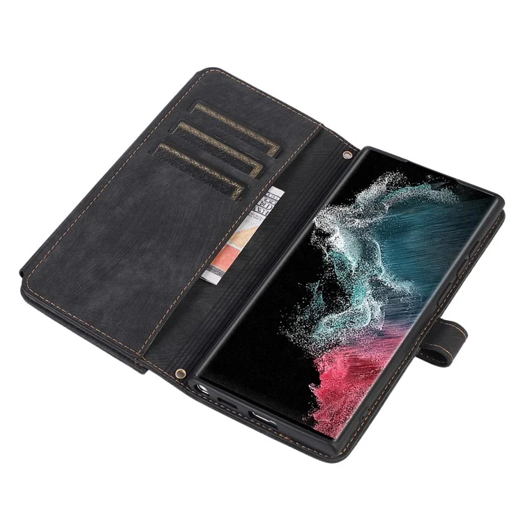 Pour Samsung Galaxy S23 Ultra Étui à rabat magnétique avec fermeture éclair Poche pour téléphone Emplacements pour plusieurs cartes Cuir PU Support - Noir