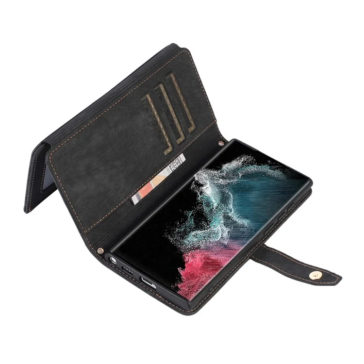 Pour Samsung Galaxy S23 Ultra Étui à rabat magnétique avec fermeture éclair Poche pour téléphone Emplacements pour plusieurs cartes Cuir PU Support - Noir