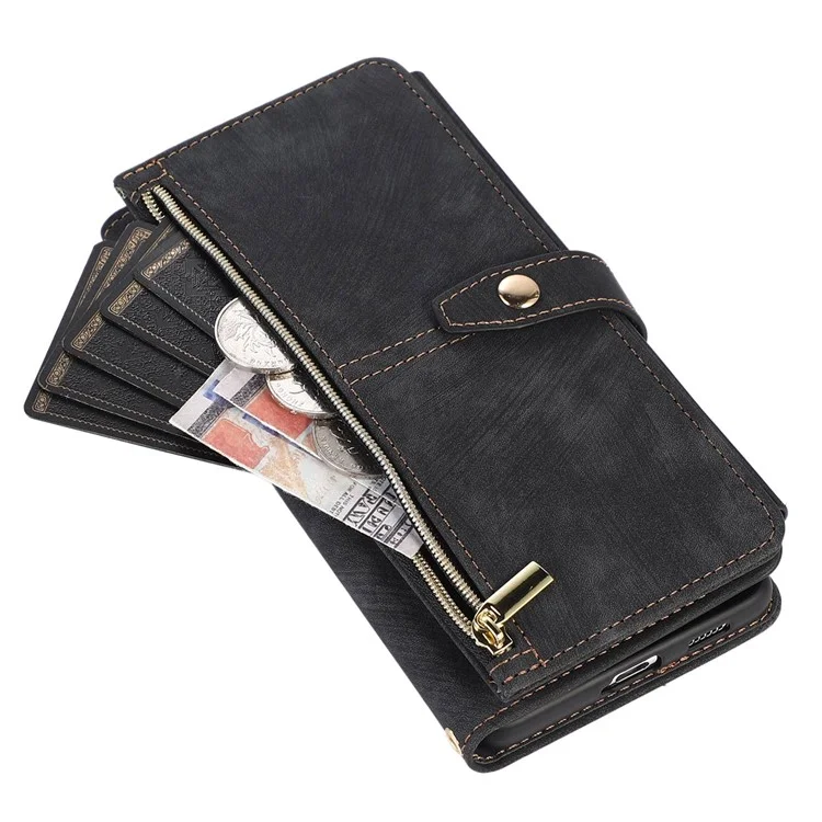 Pour Samsung Galaxy S23 Ultra Étui à rabat magnétique avec fermeture éclair Poche pour téléphone Emplacements pour plusieurs cartes Cuir PU Support - Noir
