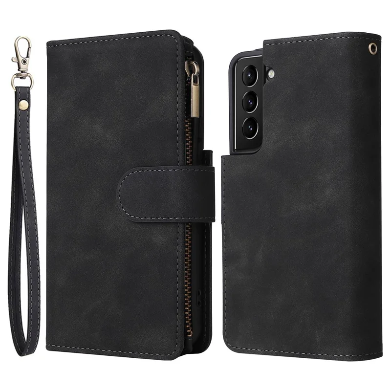 For Samsung Galaxy S23 Multiple Card Slots PU Leather Stand Case Zipper Pocket Anti-scratch Phone Wallet Cover - Black