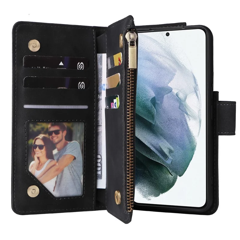 For Samsung Galaxy S23 Multiple Card Slots PU Leather Stand Case Zipper Pocket Anti-scratch Phone Wallet Cover - Black
