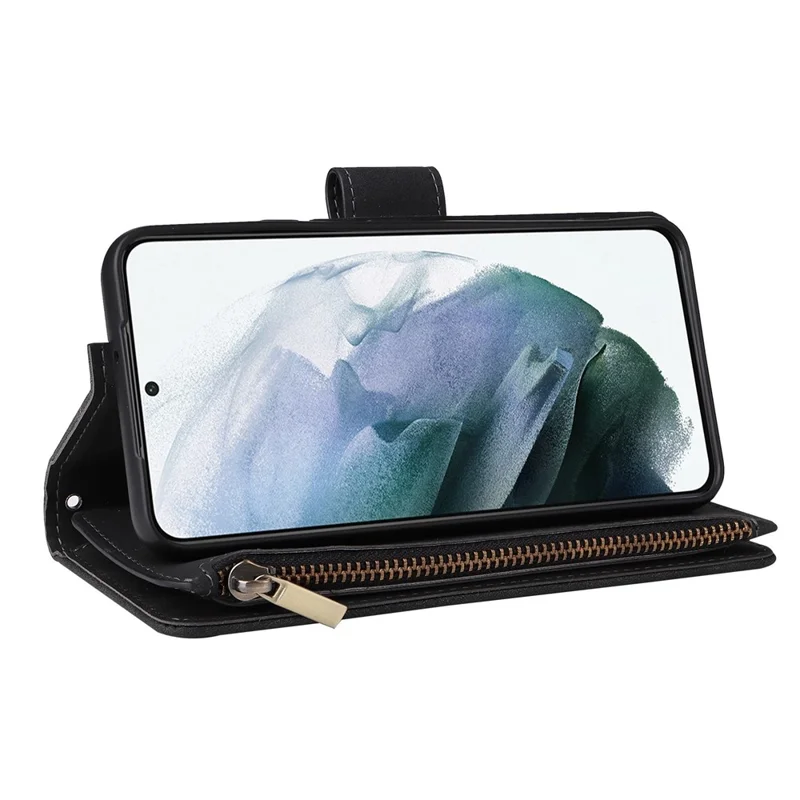 For Samsung Galaxy S23 Multiple Card Slots PU Leather Stand Case Zipper Pocket Anti-scratch Phone Wallet Cover - Black