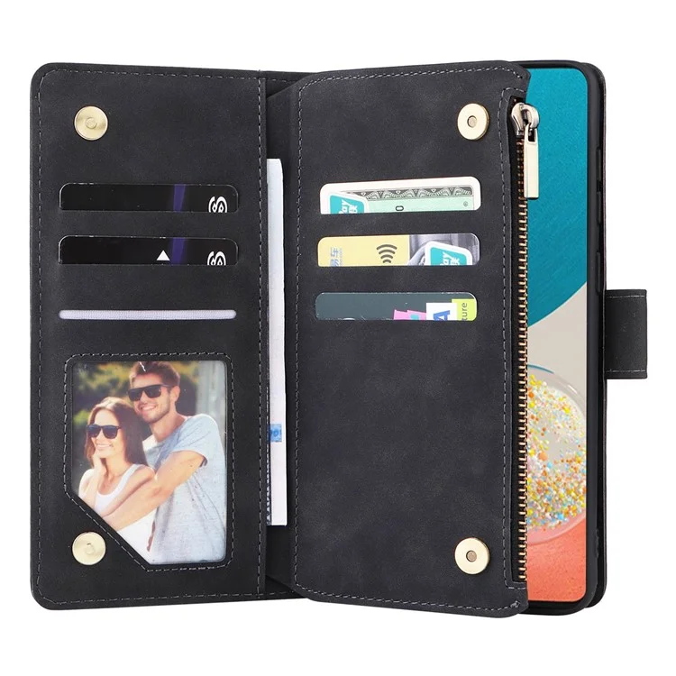 Para Samsung Galaxy A23 5G (Versão Global) / A23 4G / M23 5G / F23 5G Múltiplos Slots de Cartão Bolso com Zíper Capa de Carteira de Couro PU com Suporte de Telefone Fecho Magnético - Preto