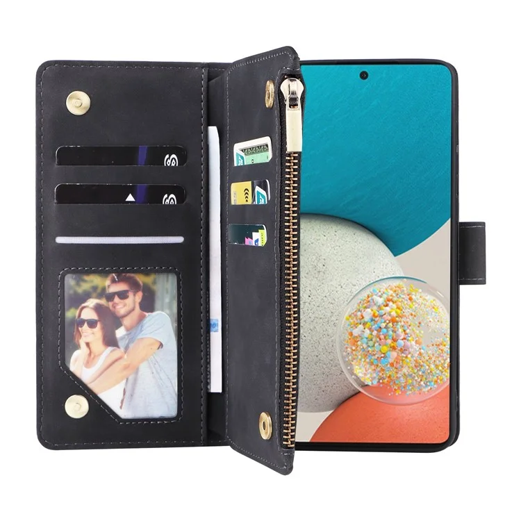 Para Samsung Galaxy A23 5G (Versão Global) / A23 4G / M23 5G / F23 5G Múltiplos Slots de Cartão Bolso com Zíper Capa de Carteira de Couro PU com Suporte de Telefone Fecho Magnético - Preto