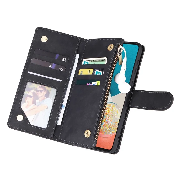 Para Samsung Galaxy A23 5G (Versão Global) / A23 4G / M23 5G / F23 5G Múltiplos Slots de Cartão Bolso com Zíper Capa de Carteira de Couro PU com Suporte de Telefone Fecho Magnético - Preto