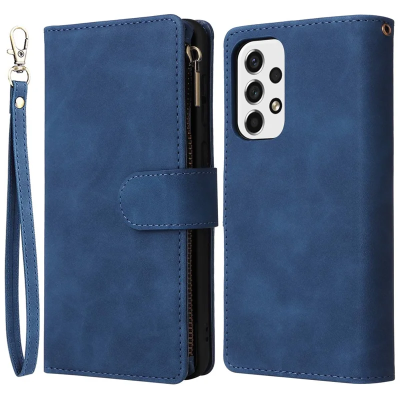 Für Samsung Galaxy A23 5G (Globale Version) / A23 4G / M23 5G / F23 5G Mehrere Kartensteckplätze Reißverschlusstasche PU-Leder-Telefonständer Magnetverschluss Brieftasche - Blau