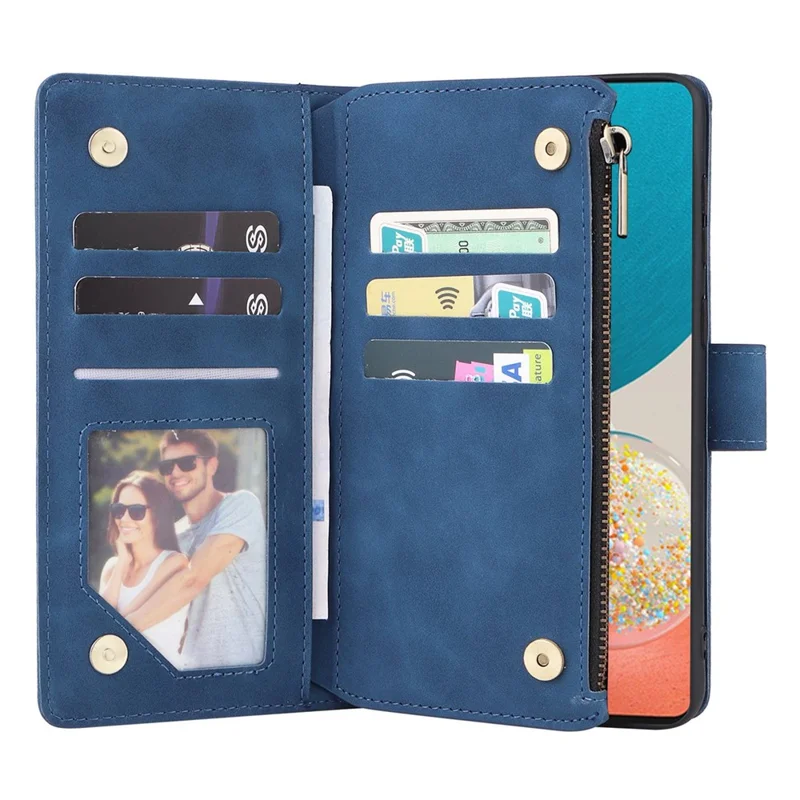Für Samsung Galaxy A23 5G (Globale Version) / A23 4G / M23 5G / F23 5G Mehrere Kartensteckplätze Reißverschlusstasche PU-Leder-Telefonständer Magnetverschluss Brieftasche - Blau