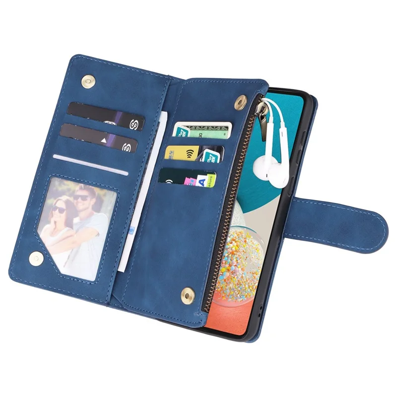 Für Samsung Galaxy A23 5G (Globale Version) / A23 4G / M23 5G / F23 5G Mehrere Kartensteckplätze Reißverschlusstasche PU-Leder-Telefonständer Magnetverschluss Brieftasche - Blau