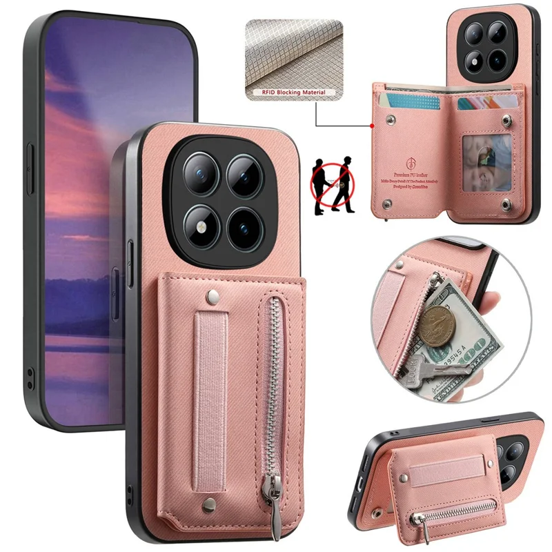 Phone Case For Xiaomi Poco M8 Pro 5G  /  Redmi Note 15 Pro+ 5G (Global) RFID Blocking Card Holder Jeans Cloth Texture Leather Back Cover with Elastic Wristband - Pink