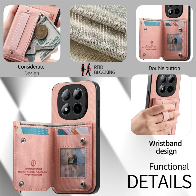 Phone Case For Xiaomi Poco M8 Pro 5G  /  Redmi Note 15 Pro+ 5G (Global) RFID Blocking Card Holder Jeans Cloth Texture Leather Back Cover with Elastic Wristband - Pink