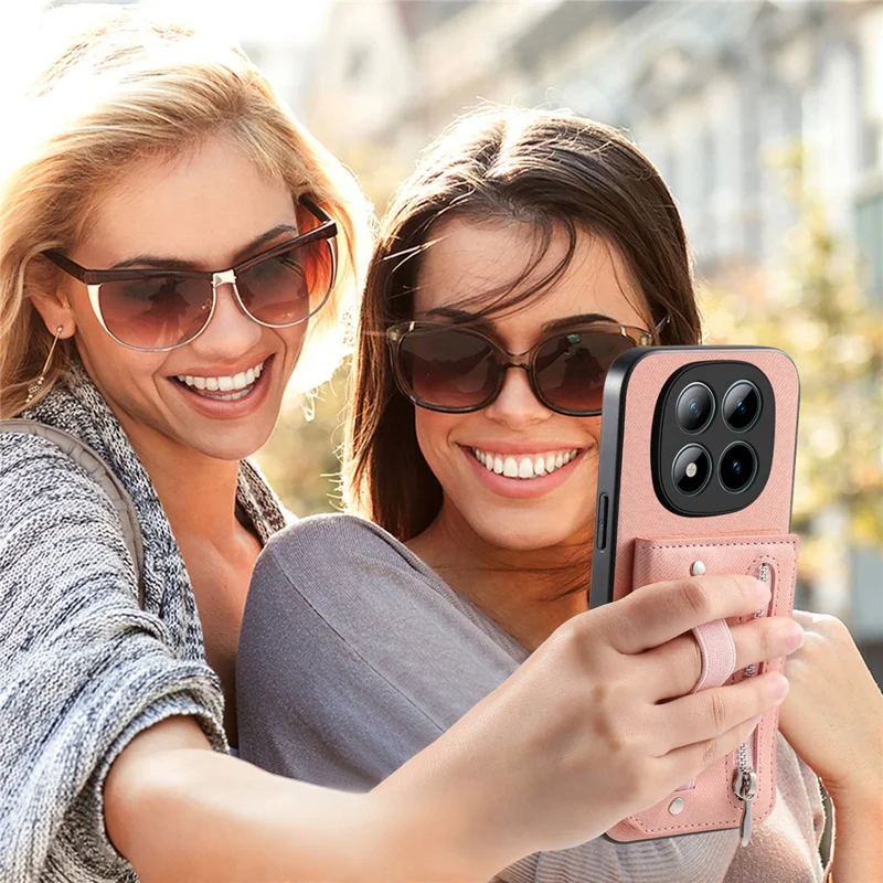 Phone Case For Xiaomi Poco M8 Pro 5G  /  Redmi Note 15 Pro+ 5G (Global) RFID Blocking Card Holder Jeans Cloth Texture Leather Back Cover with Elastic Wristband - Pink