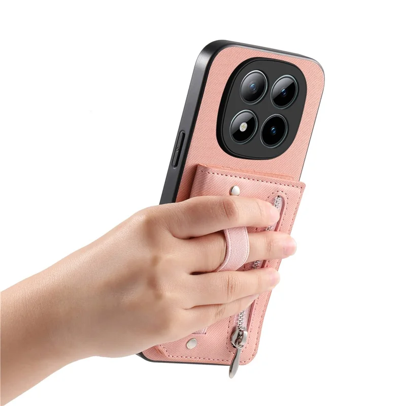 Phone Case For Xiaomi Poco M8 Pro 5G  /  Redmi Note 15 Pro+ 5G (Global) RFID Blocking Card Holder Jeans Cloth Texture Leather Back Cover with Elastic Wristband - Pink