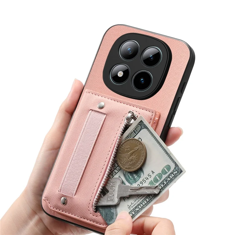 Phone Case For Xiaomi Poco M8 Pro 5G  /  Redmi Note 15 Pro+ 5G (Global) RFID Blocking Card Holder Jeans Cloth Texture Leather Back Cover with Elastic Wristband - Pink