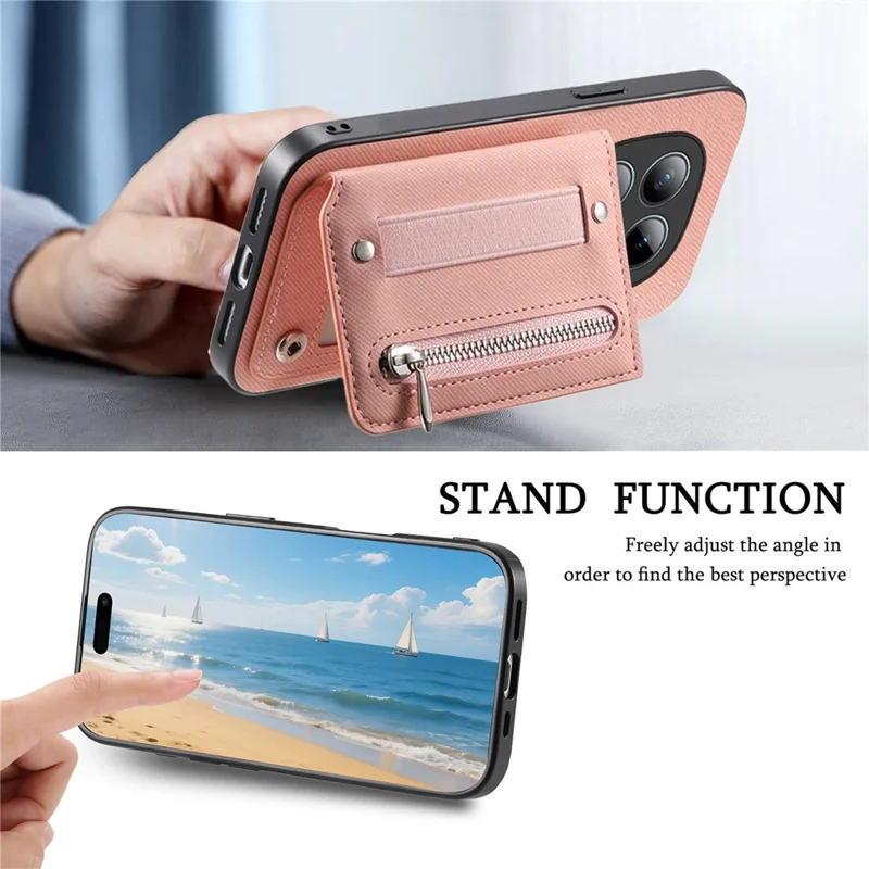 Phone Case For Xiaomi Poco M8 Pro 5G  /  Redmi Note 15 Pro+ 5G (Global) RFID Blocking Card Holder Jeans Cloth Texture Leather Back Cover with Elastic Wristband - Pink