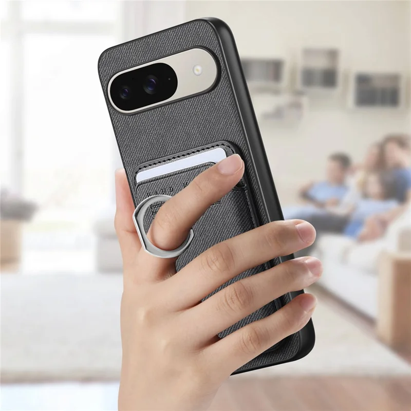 Phone Case For Google Pixel 10 Pro  /  Pixel 10 Cloth Texture  Leather + PC + TPU Phone Cover with Detachable Magnetic Ring Kickstand Card Holder - Black