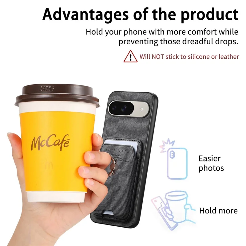 Phone Case For Google Pixel 10 Pro  /  Pixel 10 Cloth Texture  Leather + PC + TPU Phone Cover with Detachable Magnetic Ring Kickstand Card Holder - Black