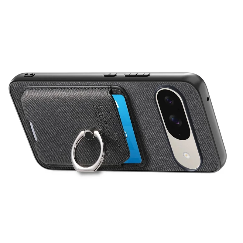 Phone Case For Google Pixel 10 Pro  /  Pixel 10 Cloth Texture  Leather + PC + TPU Phone Cover with Detachable Magnetic Ring Kickstand Card Holder - Black