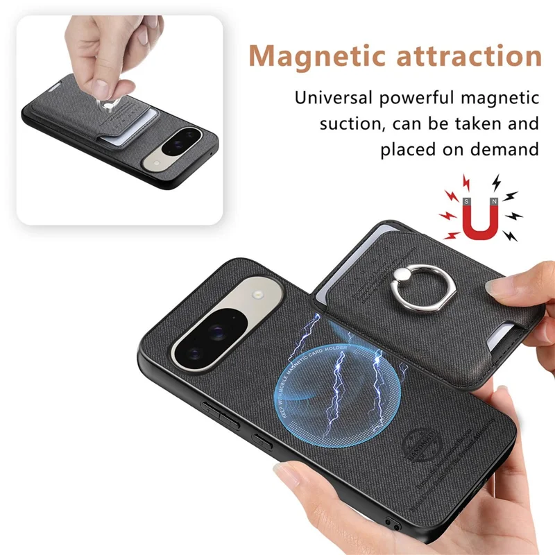 Phone Case For Google Pixel 10 Pro  /  Pixel 10 Cloth Texture  Leather + PC + TPU Phone Cover with Detachable Magnetic Ring Kickstand Card Holder - Black