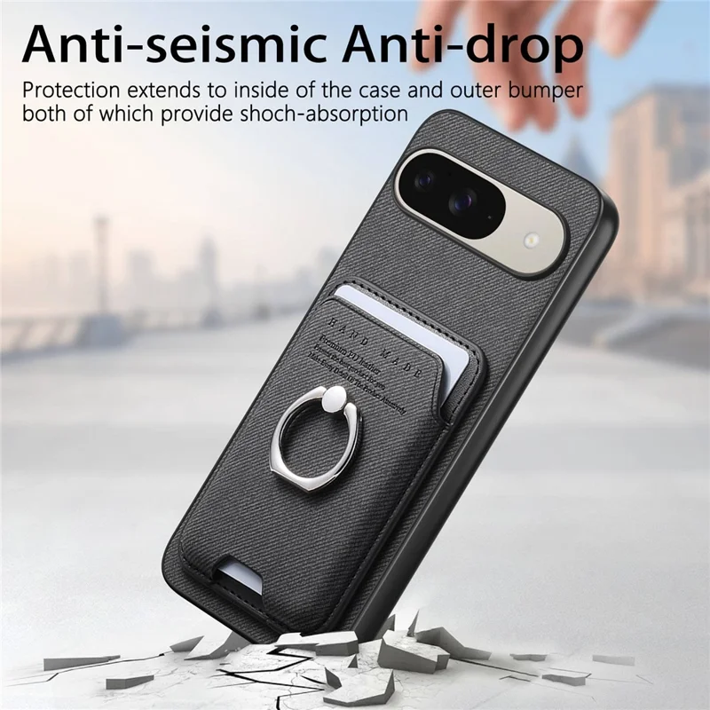 Phone Case For Google Pixel 10 Pro  /  Pixel 10 Cloth Texture  Leather + PC + TPU Phone Cover with Detachable Magnetic Ring Kickstand Card Holder - Black